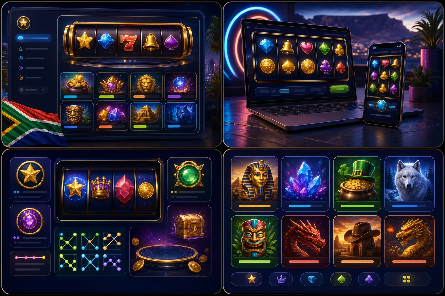 Abstract slot features visual with reels, paylines, bonus symbols and bright UI panels