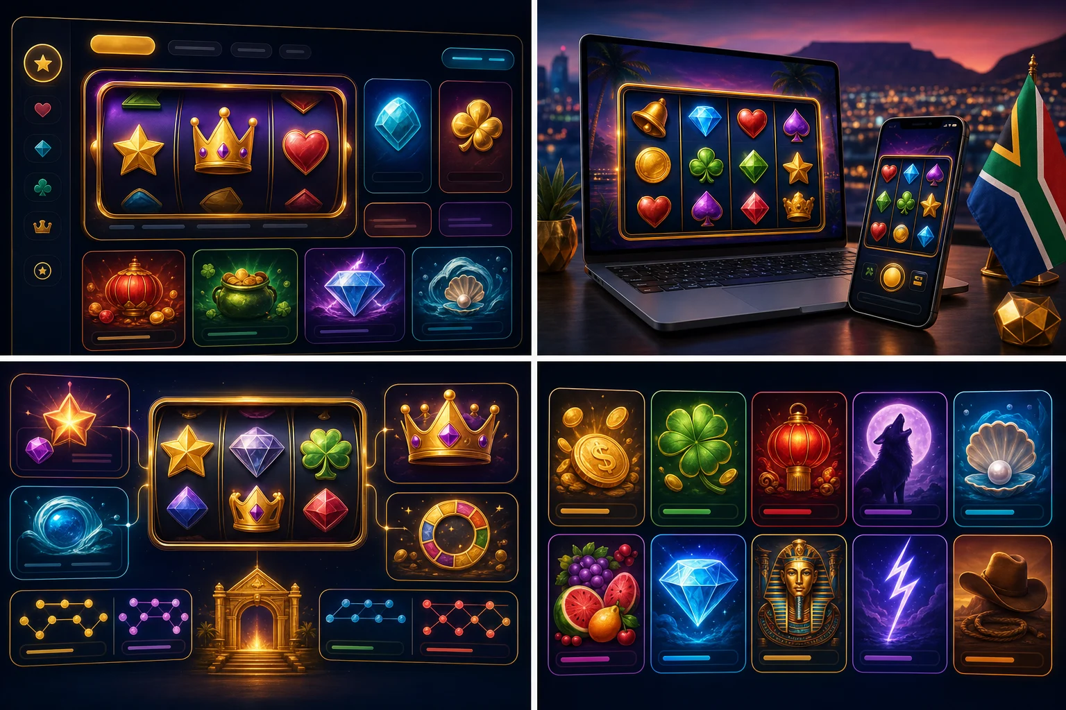 Abstract slot library interface with reel-style panels and bright category cards